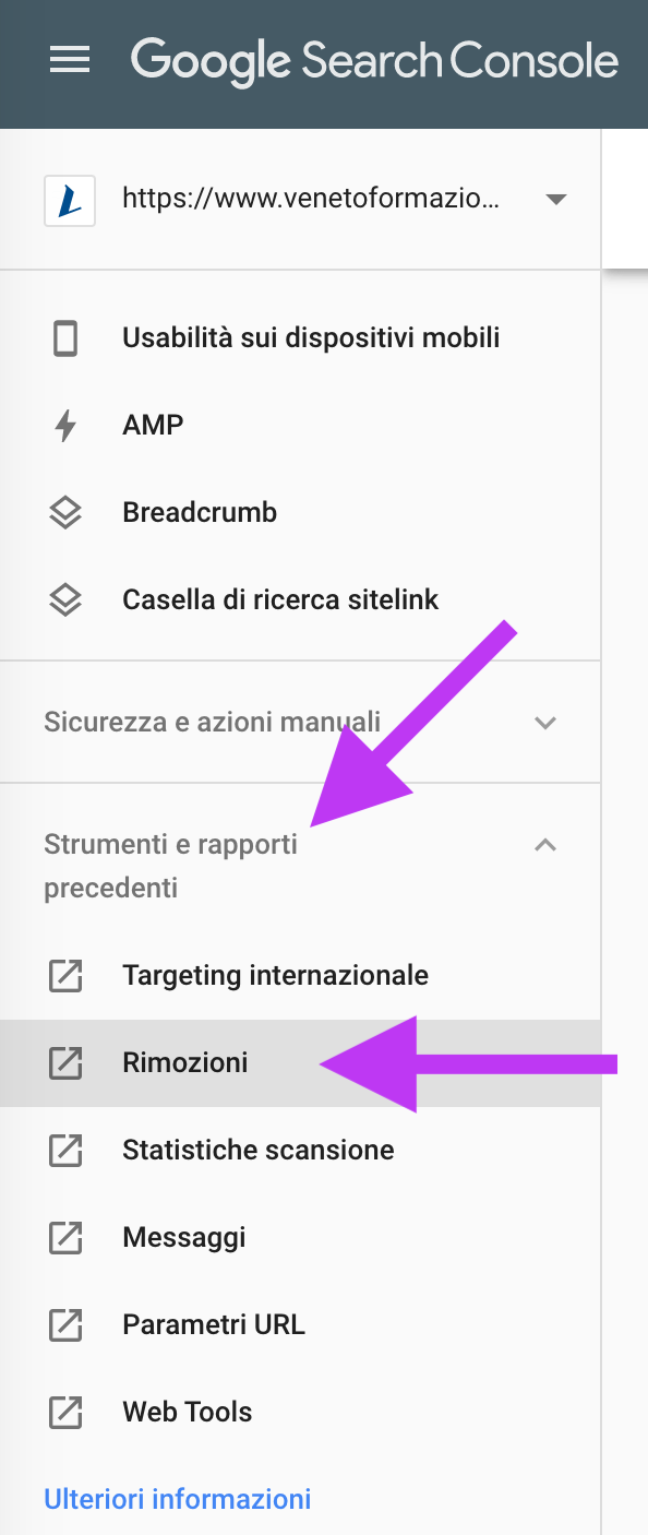 Google Search Console: rimozione URL