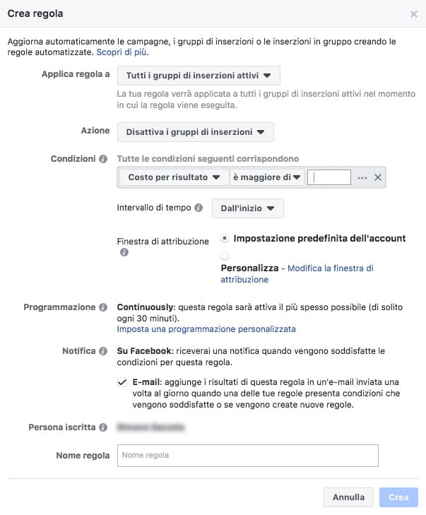 Condizione regole FB