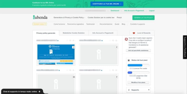 iubenda dashboard